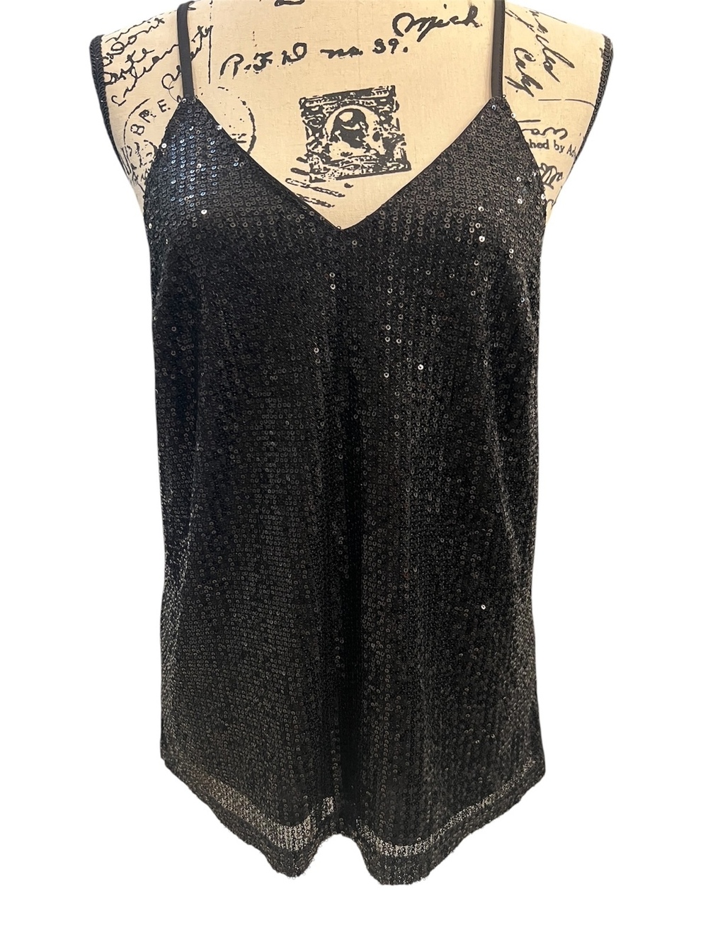 NWT Miduo Black Sequin Shimmer V-Neck Tank Top Cami - Size M